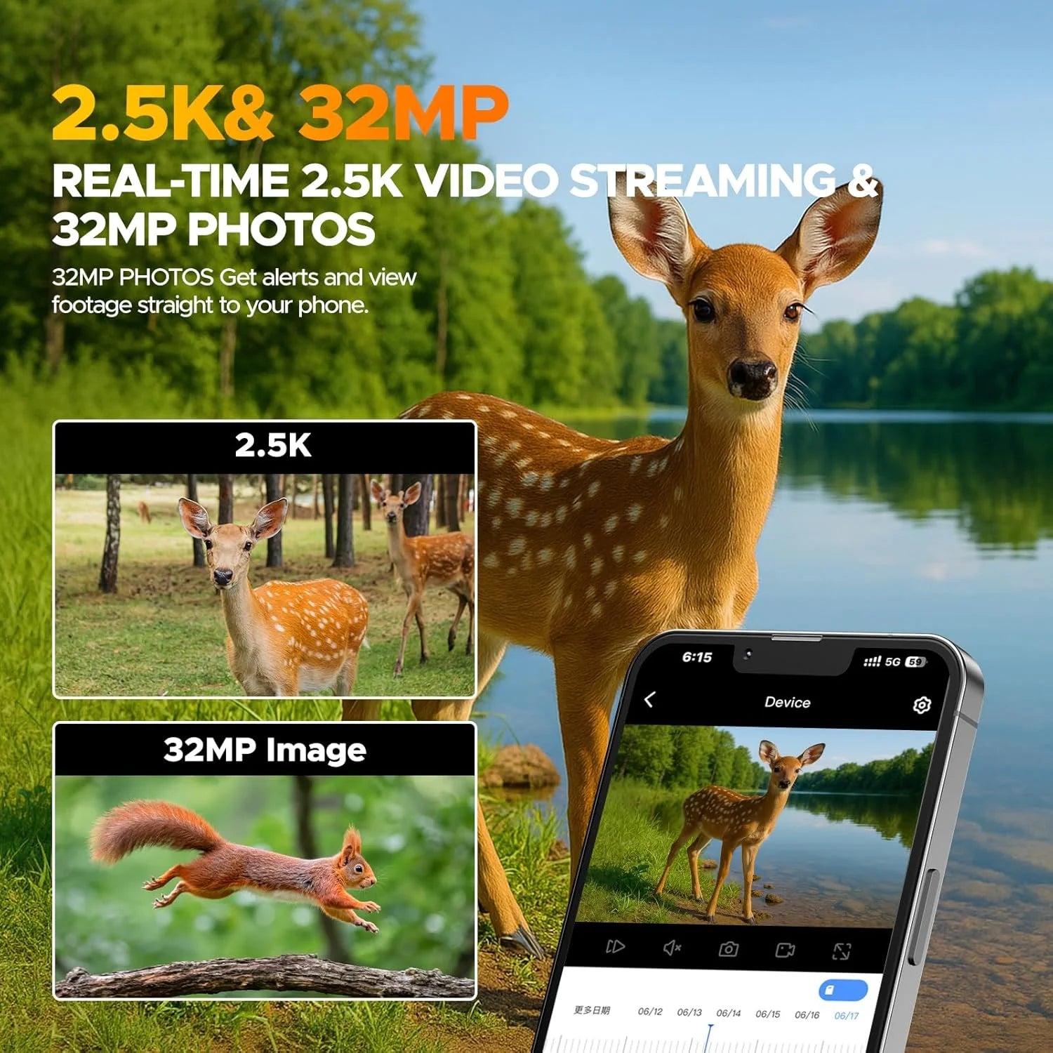 4G LTE Cellular Trail Camera Solar Game Camera 2.5K 32MP Hunting Camera with 4 Area in 1 Screen Night Vision 0.1S PIR &AI Person Detection Waterproof IP66 Twoway Audio for Wildlife Monitoring