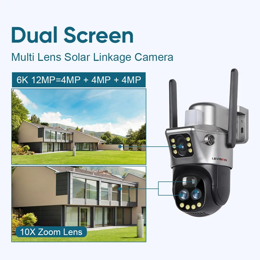 Dual-Screen Solar Camera with 10X Zoom, WiFi/4G SIM Connectivity, Light Alarm, Auto Tracking, and IP66 Rated PTZ CCTV System