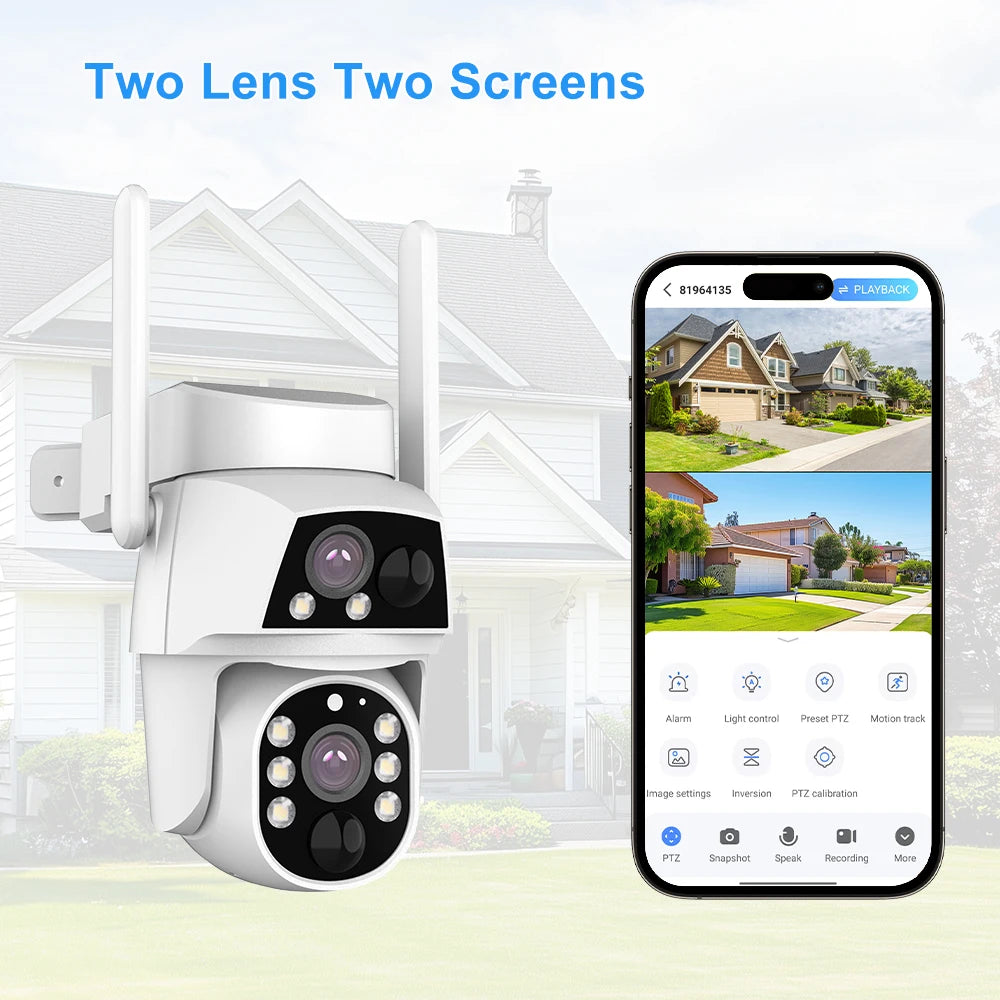 Camhi Dual Lens Solar WiFi Security Camera with Two Screens, 4MP Resolution, Humanoid Auto Tracking, Battery Operated CCTV, 4G Video Surveillance