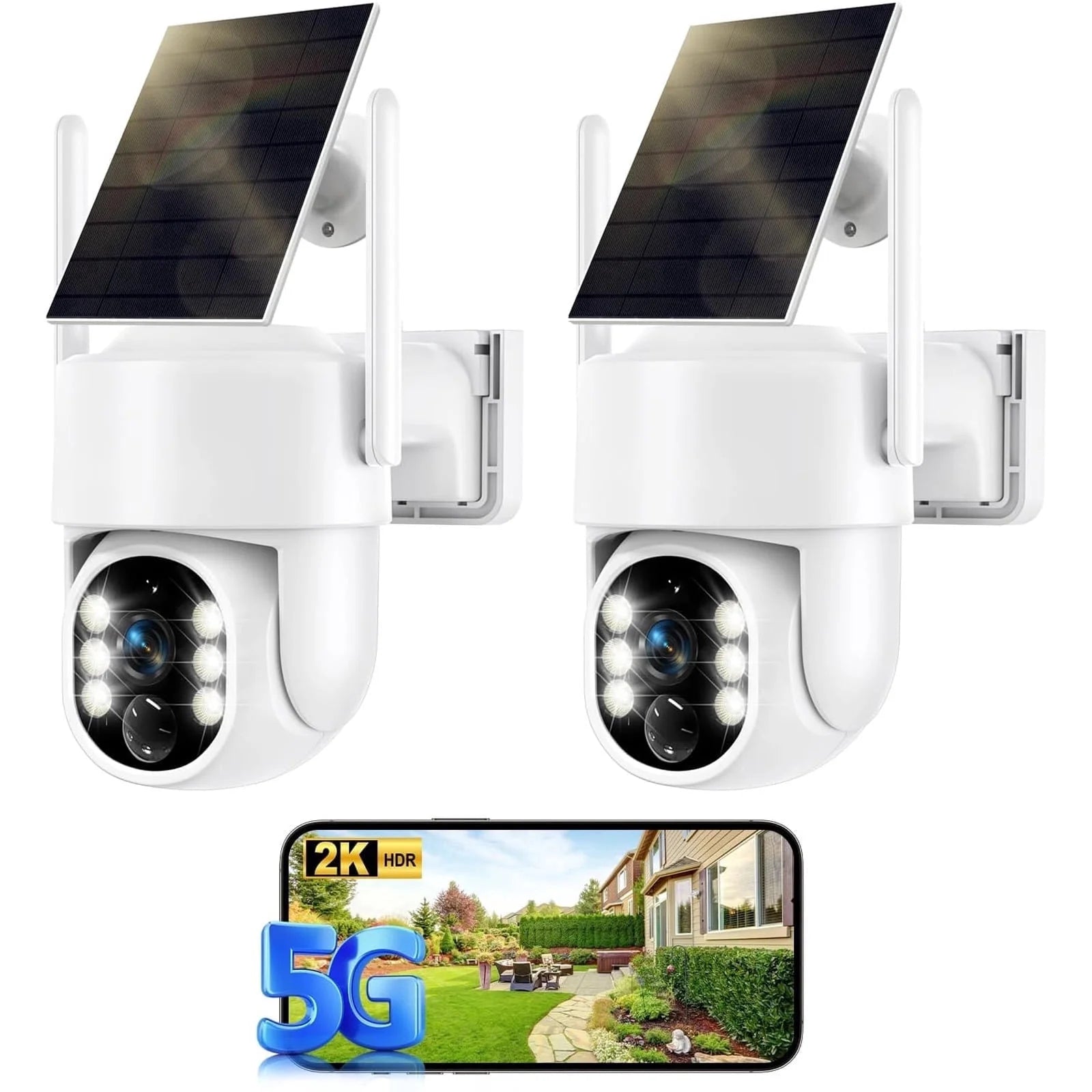 Wireless Solar Security Cameras for Outdoor Use, 5G & 2.4GHz Home Surveillance, 2K Resolution, Color Night Vision, AI Human Detection, Two-Way Audio, and Siren Alarms (Set of 2)