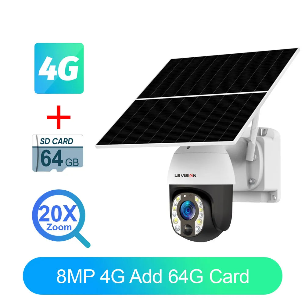 LS VISION 4K 8MP Solar-Powered Security Camera with 20X Zoom, 24/7 Recording, 4G/WiFi Connectivity, Auto Tracking, and 30,000mAh Battery with 20W Solar Panel
