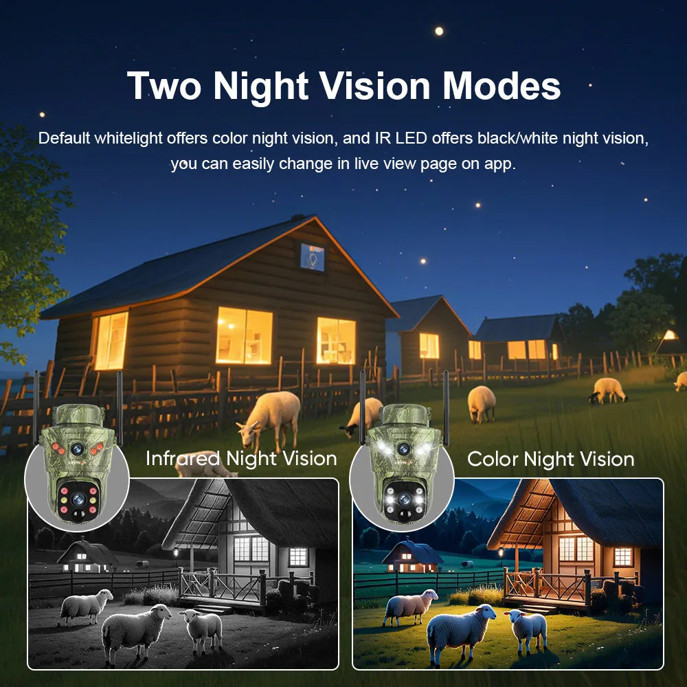 8MP Dual Lens 4G/WiFi Outdoor Security Camera with Solar Power, Night Vision, PIR Motion Detection, and Auto Tracking - V380 Pro