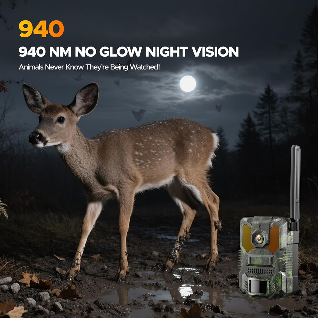 4G LTE Cellular Trail Camera Solar Game Camera 2.5K 32MP Hunting Camera with 4 Area in 1 Screen Night Vision 0.1S PIR &AI Person Detection Waterproof IP66 Twoway Audio for Wildlife Monitoring