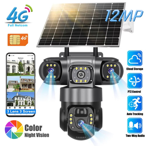 12MP 6K Solar-Powered Outdoor IP Camera with Triple Lenses and Screens, Night Vision, and Waterproof CCTV Security Monitoring