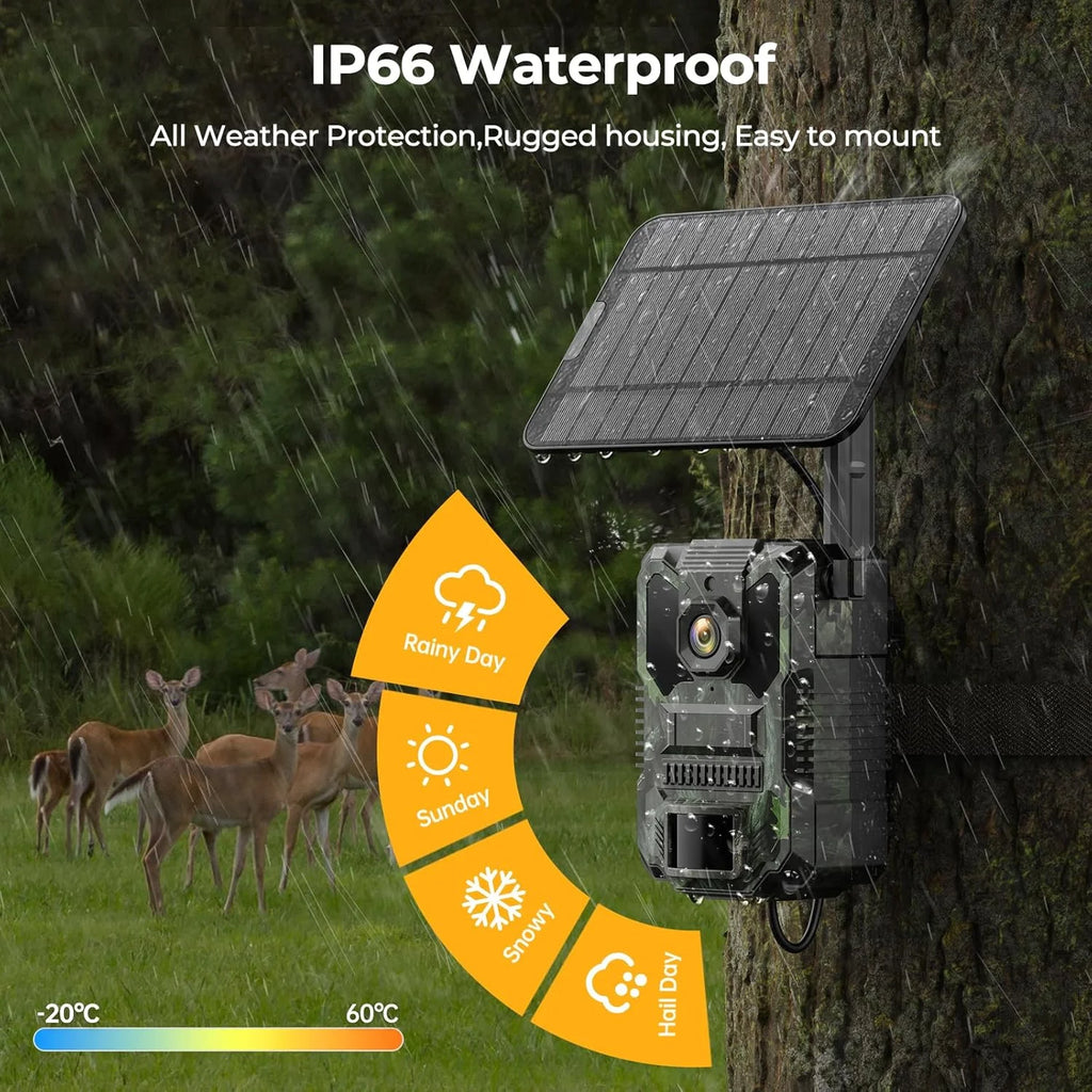 4G LTE Cellular Trail Camera Solar Game Camera 2.5K 32MP Hunting Camera with 4 Area in 1 Screen Night Vision 0.1S PIR &AI Person Detection Waterproof IP66 Twoway Audio for Wildlife Monitoring