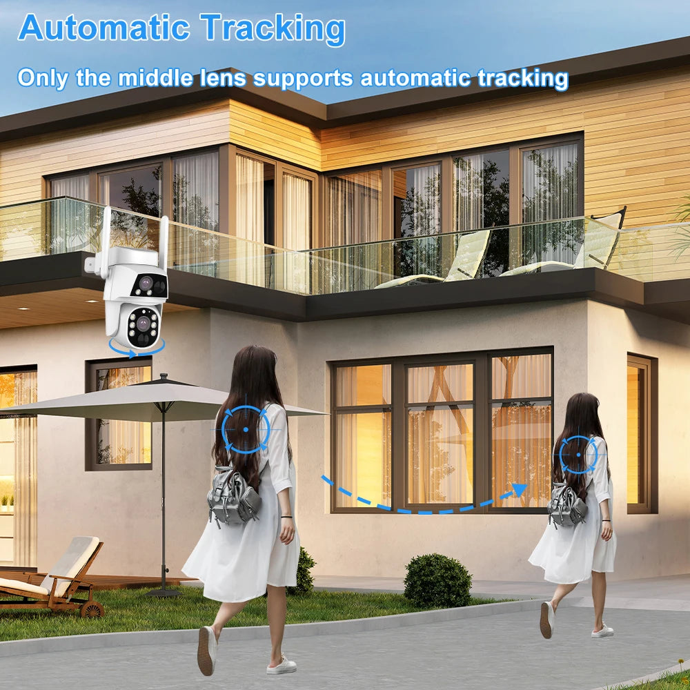 Camhi Dual Lens Solar WiFi Security Camera with Two Screens, 4MP Resolution, Humanoid Auto Tracking, Battery Operated CCTV, 4G Video Surveillance