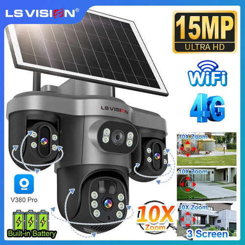 15MP Triple PTZ Lens 4G Solar Outdoor Security Camera with 10X Digital Zoom and Auto Tracking - V380 Pro