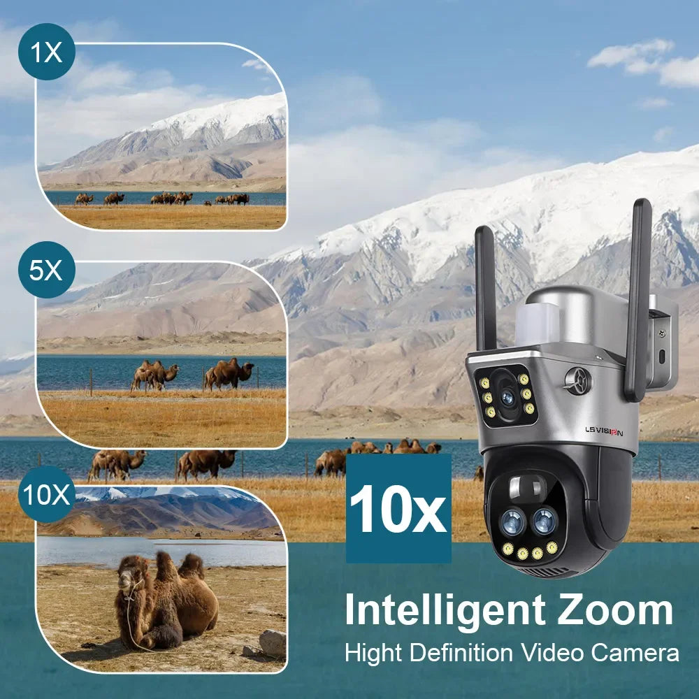 Dual-Screen Solar Camera with 10X Zoom, WiFi/4G SIM Connectivity, Light Alarm, Auto Tracking, and IP66 Rated PTZ CCTV System
