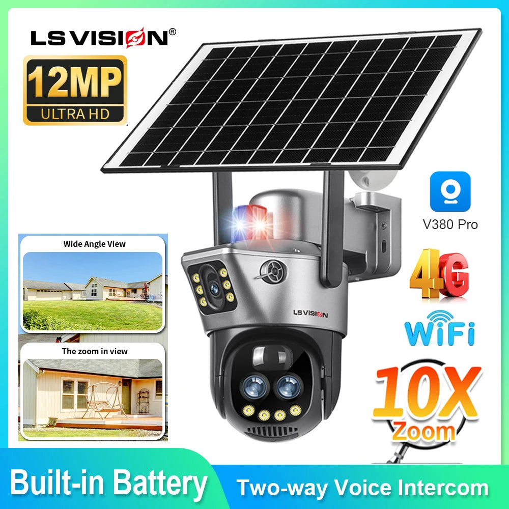 Dual-Screen Solar Camera with 10X Zoom, WiFi/4G SIM Connectivity, Light Alarm, Auto Tracking, and IP66 Rated PTZ CCTV System