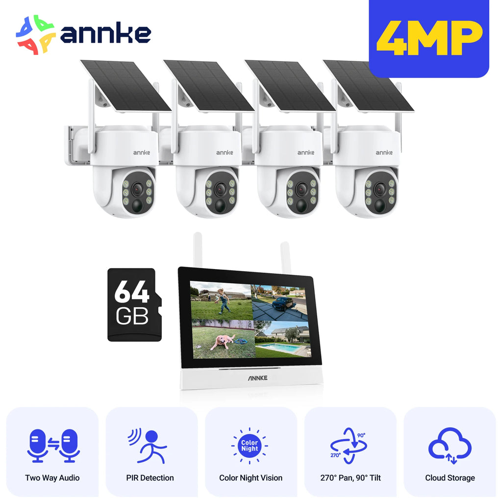 4MP Solar-Powered Security Camera System with 4-Channel NVR, Color Night Vision, Two-Way Audio, and 2K Wireless Capabilities