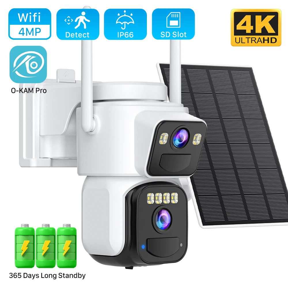 8MP Dual Lens Solar Wi-Fi Security Camera System with Solar Panels, Color Night Vision, PIR Motion Detection, Outdoor IP Camera, Compatible with O-KAM App