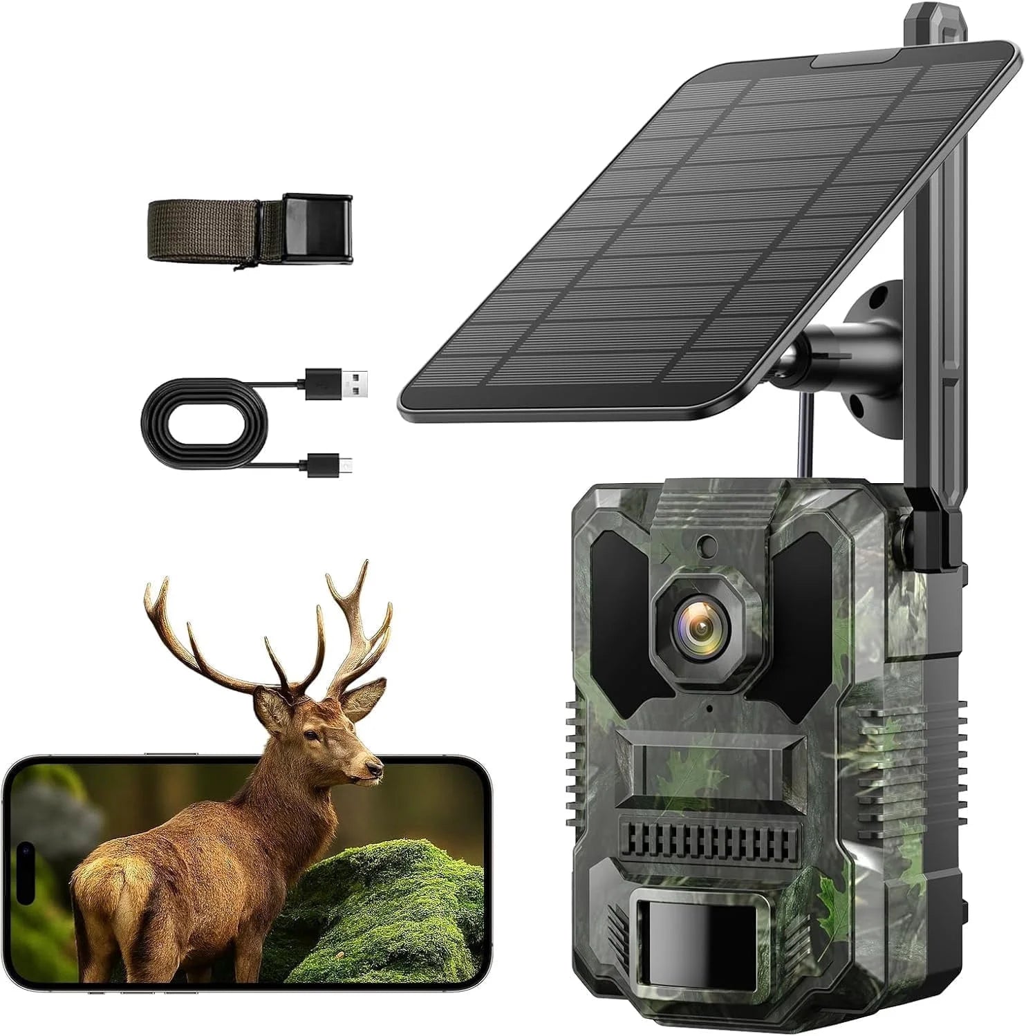 4G LTE Cellular Trail Camera Solar Game Camera 2.5K 32MP Hunting Camera with 4 Area in 1 Screen Night Vision 0.1S PIR &AI Person Detection Waterproof IP66 Twoway Audio for Wildlife Monitoring
