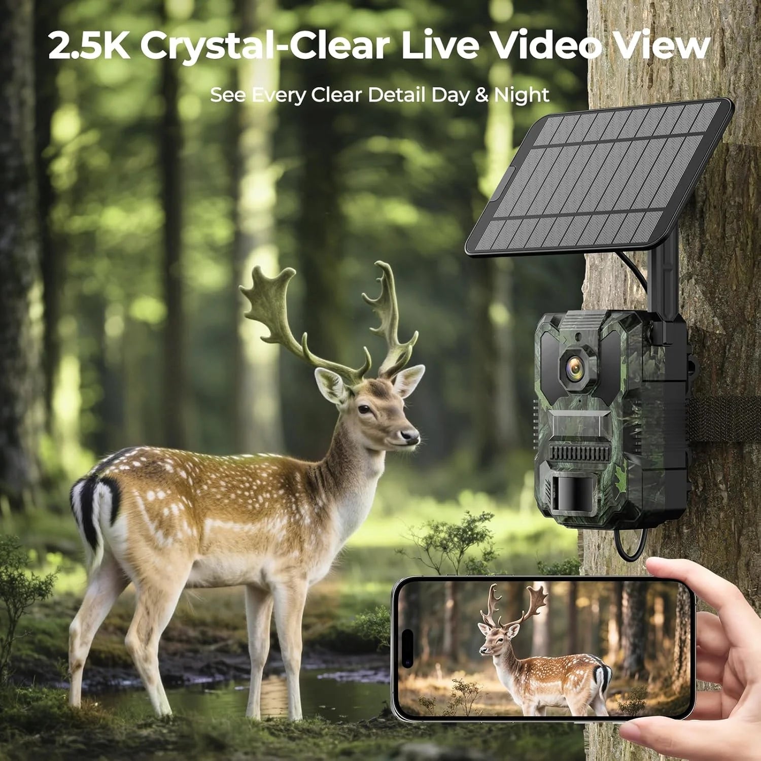 4G LTE Cellular Trail Camera Solar Game Camera 2.5K 32MP Hunting Camera with 4 Area in 1 Screen Night Vision 0.1S PIR &AI Person Detection Waterproof IP66 Twoway Audio for Wildlife Monitoring