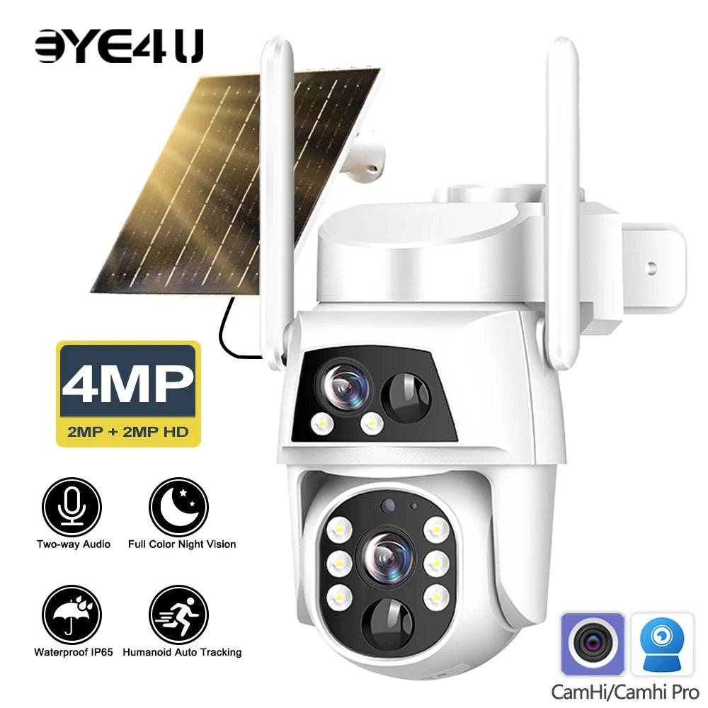 Camhi Dual Lens Solar WiFi Security Camera with Two Screens, 4MP Resolution, Humanoid Auto Tracking, Battery Operated CCTV, 4G Video Surveillance