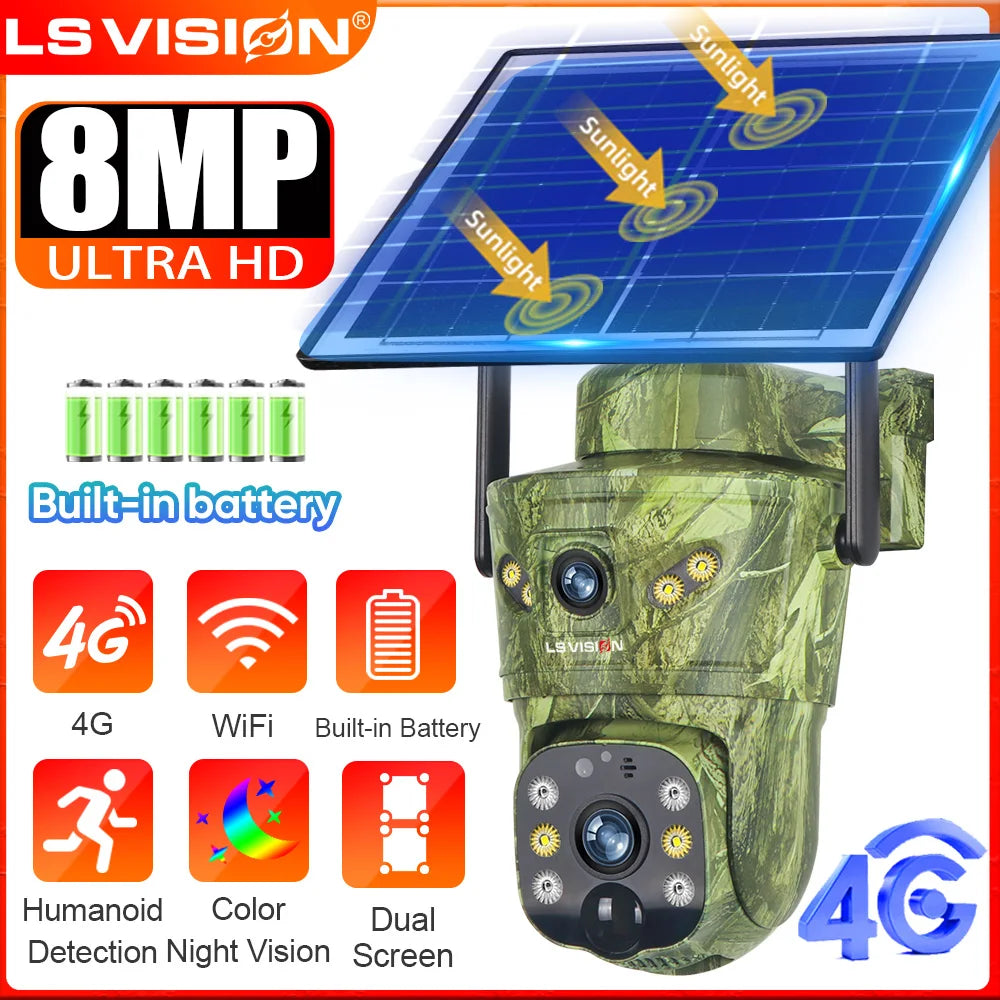 8MP Dual Lens 4G/WiFi Outdoor Security Camera with Solar Power, Night Vision, PIR Motion Detection, and Auto Tracking - V380 Pro