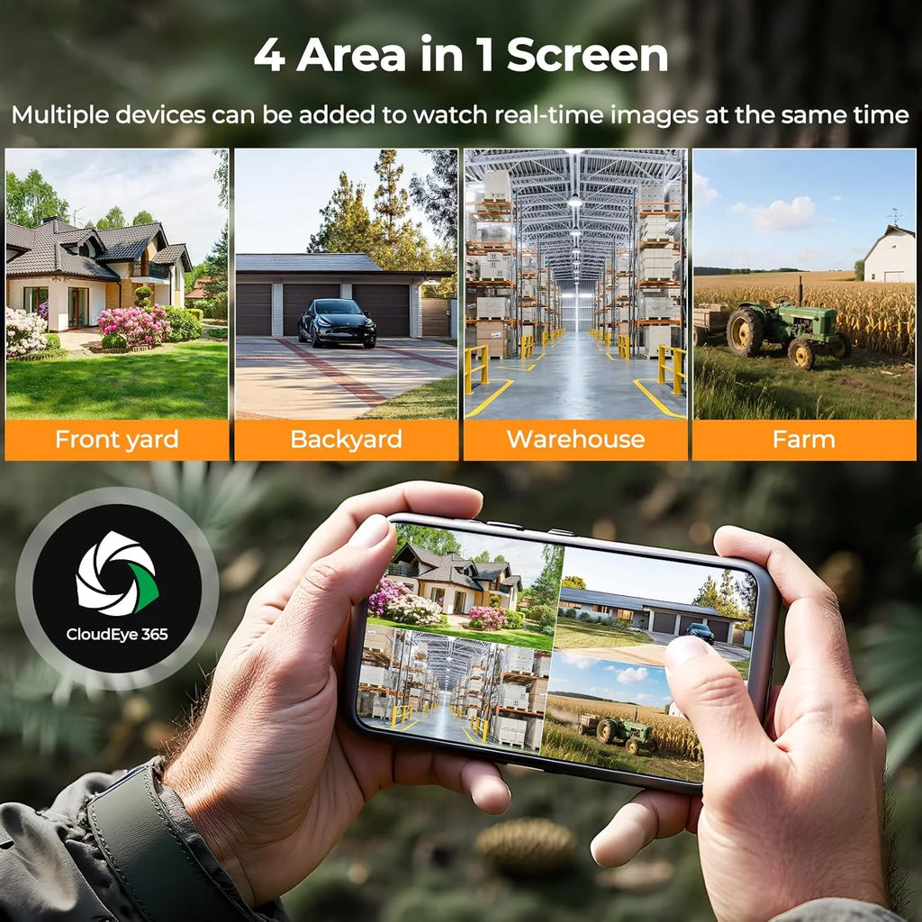 4G LTE Cellular Trail Camera Solar Game Camera 2.5K 32MP Hunting Camera with 4 Area in 1 Screen Night Vision 0.1S PIR &AI Person Detection Waterproof IP66 Twoway Audio for Wildlife Monitoring