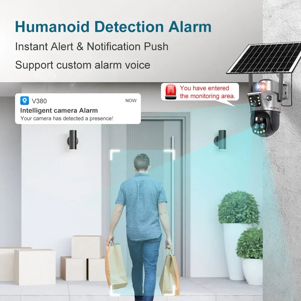 Dual-Screen Solar Camera with 10X Zoom, WiFi/4G SIM Connectivity, Light Alarm, Auto Tracking, and IP66 Rated PTZ CCTV System
