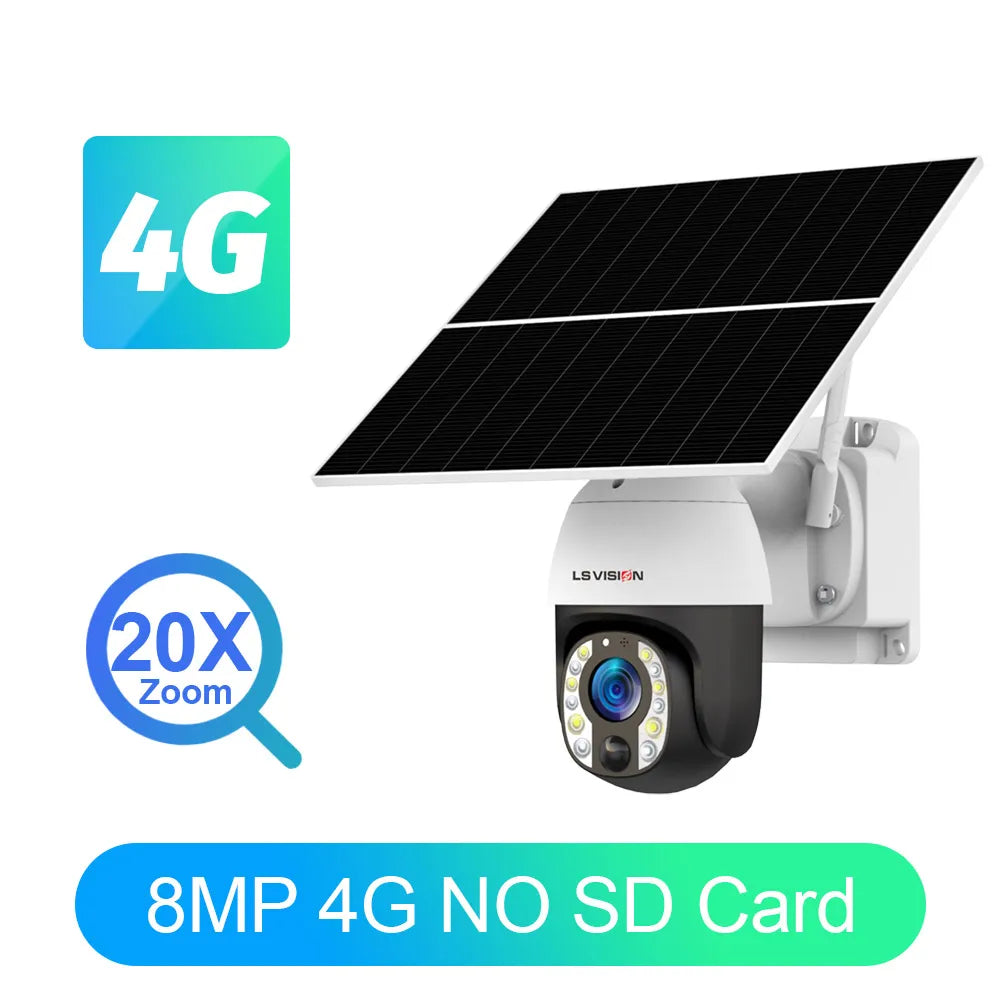 LS VISION 4K 8MP Solar-Powered Security Camera with 20X Zoom, 24/7 Recording, 4G/WiFi Connectivity, Auto Tracking, and 30,000mAh Battery with 20W Solar Panel