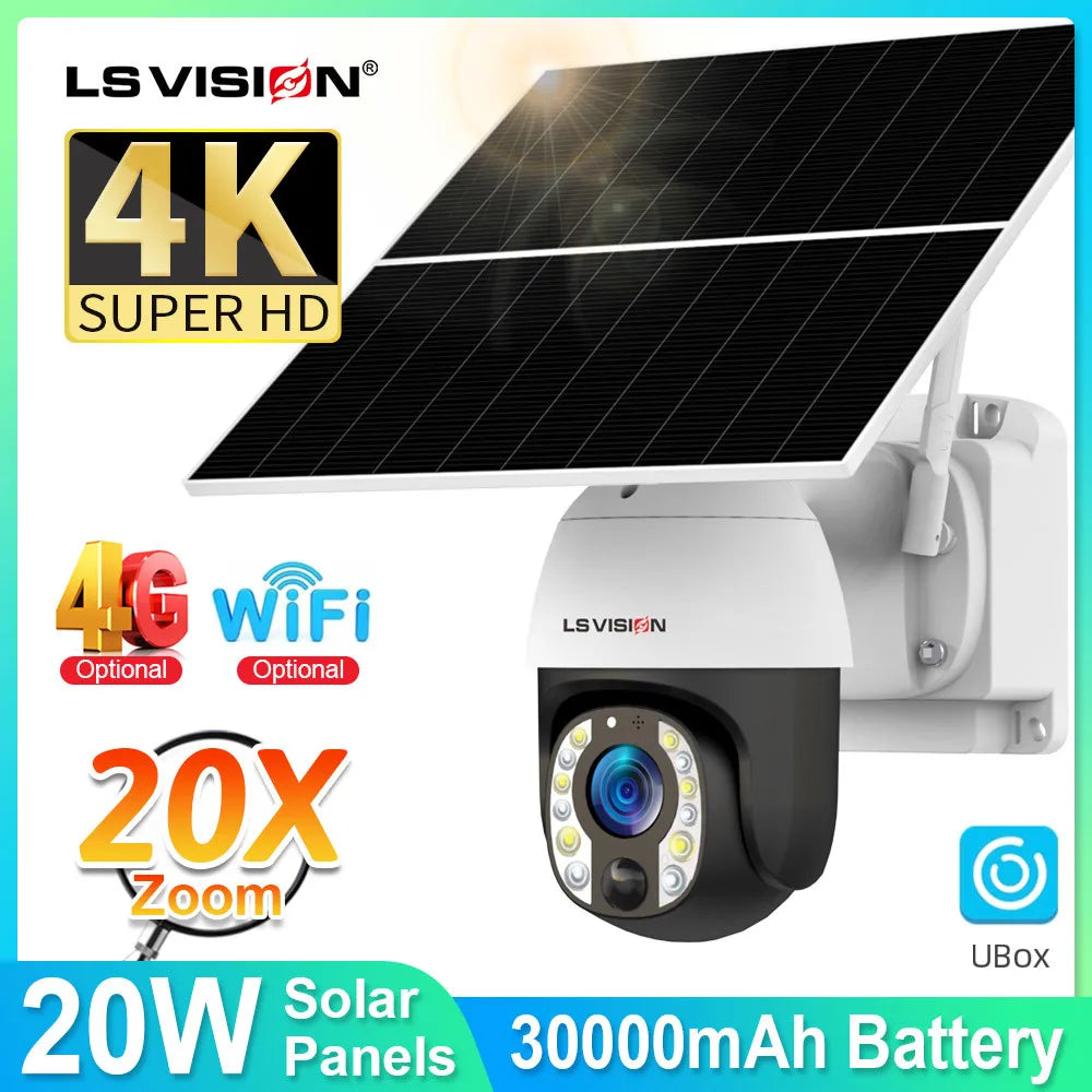LS VISION 4K 8MP Solar-Powered Security Camera with 20X Zoom, 24/7 Recording, 4G/WiFi Connectivity, Auto Tracking, and 30,000mAh Battery with 20W Solar Panel